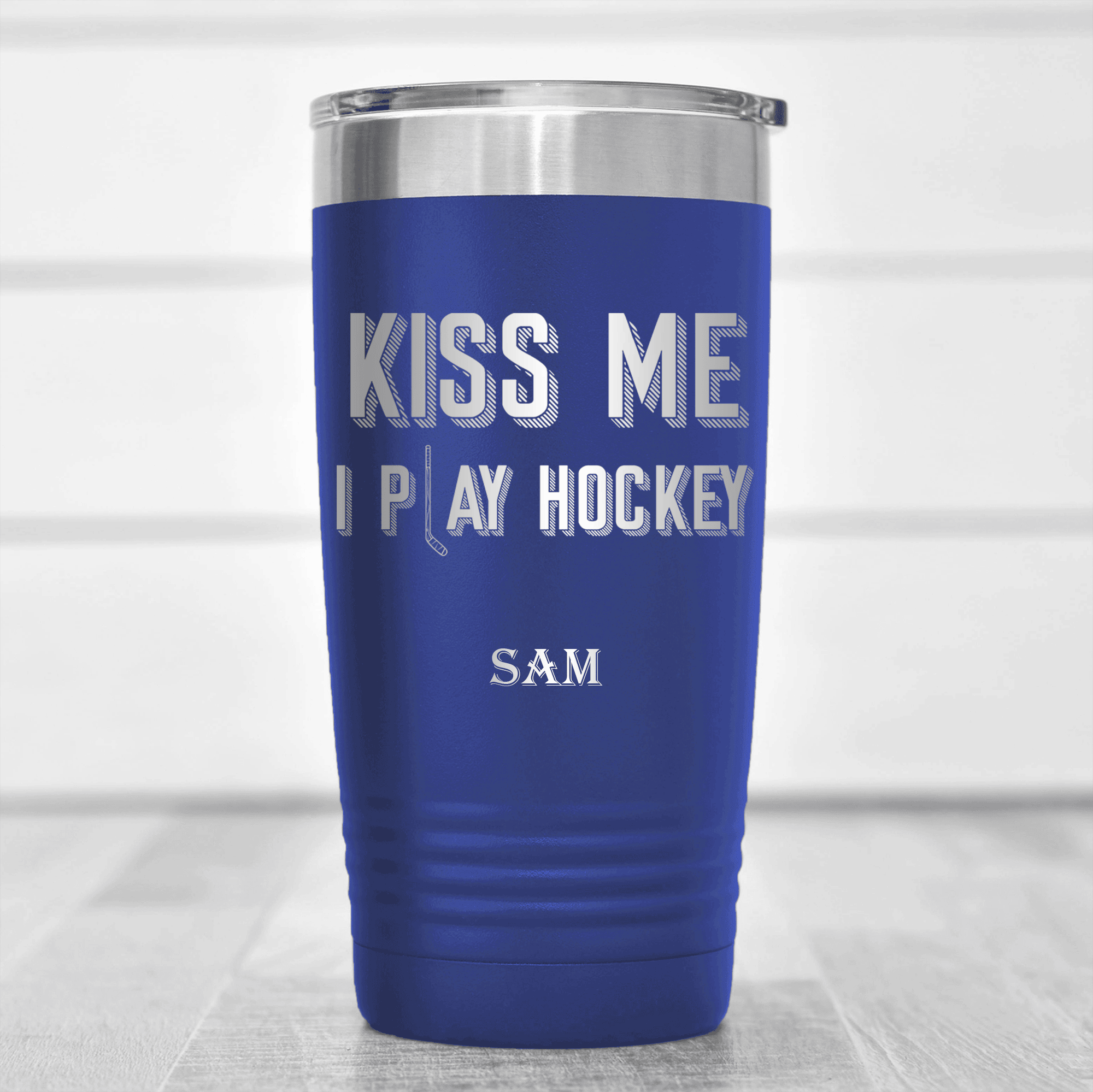 Blue Hockey Tumbler With Lips And Lifts Design