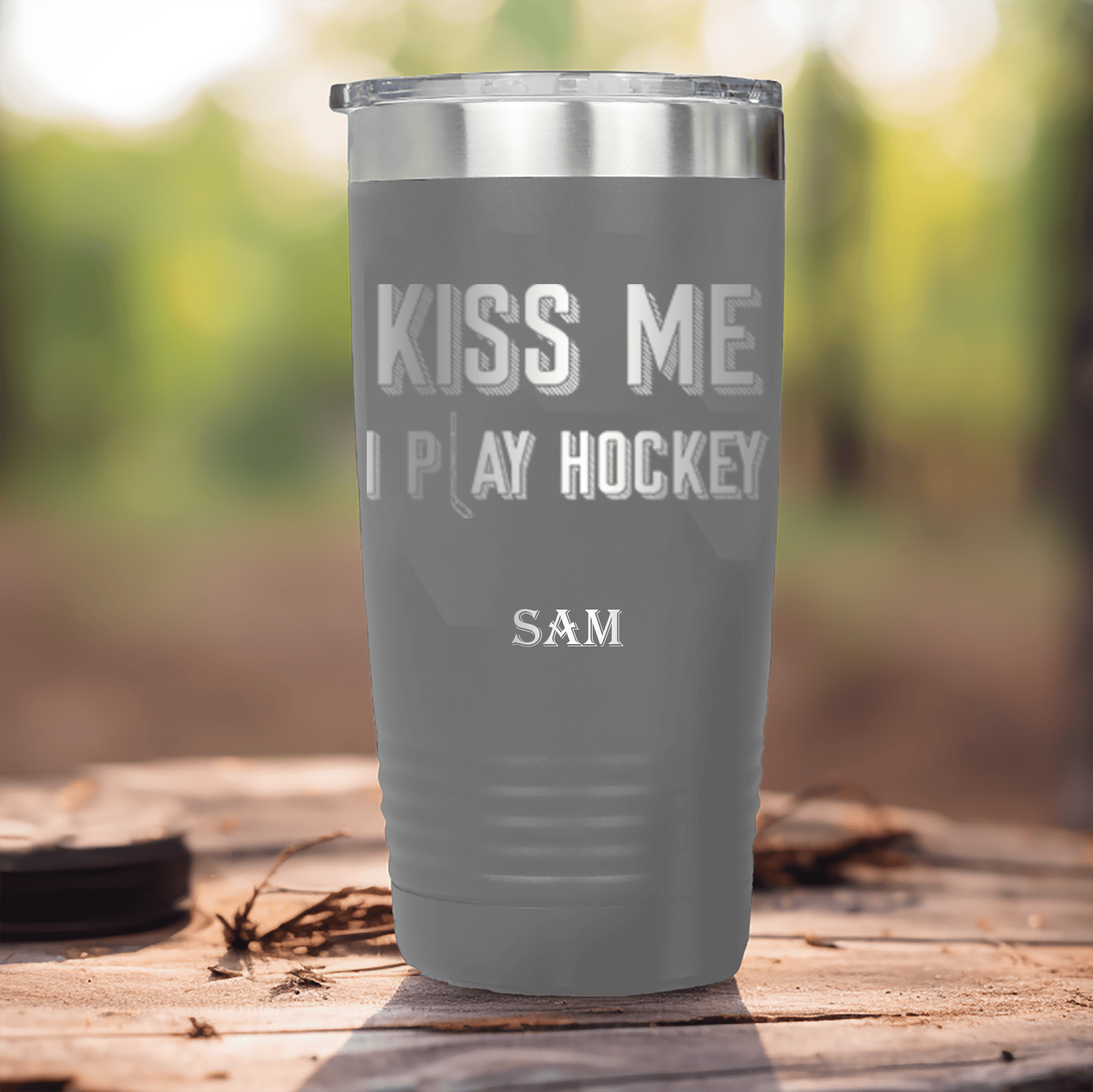 Grey Hockey Tumbler With Lips And Lifts Design