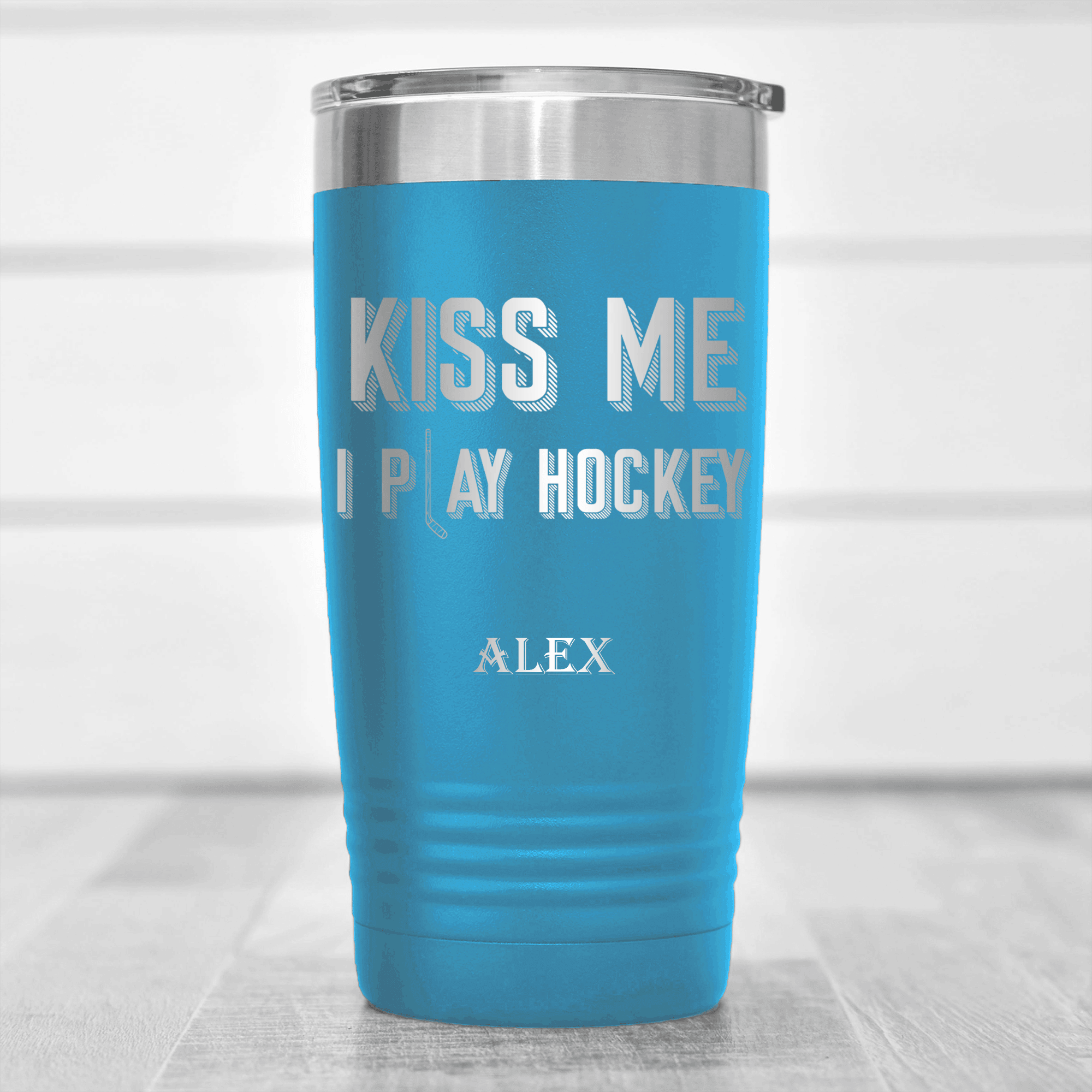 Light Blue Hockey Tumbler With Lips And Lifts Design