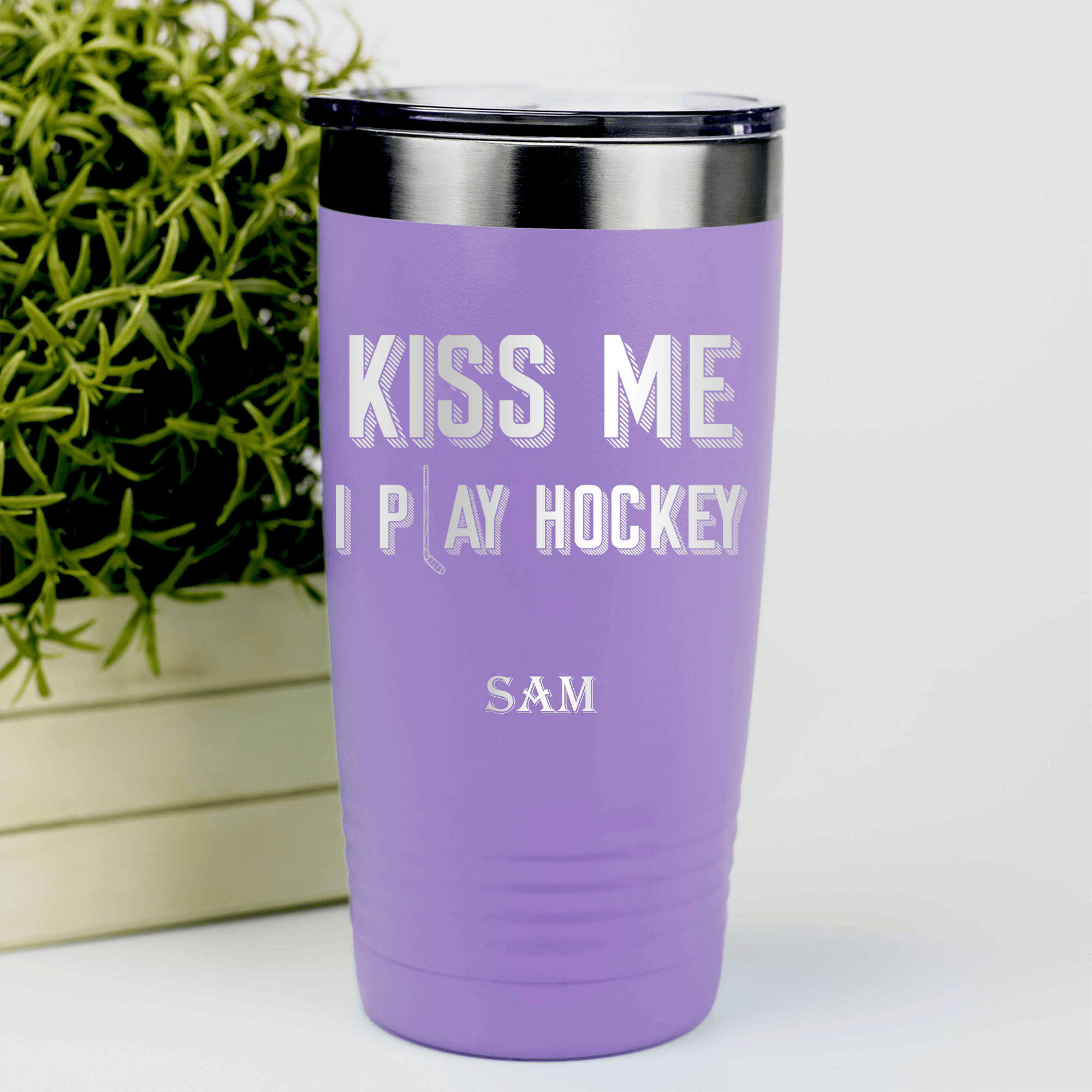 Light Purple Hockey Tumbler With Lips And Lifts Design