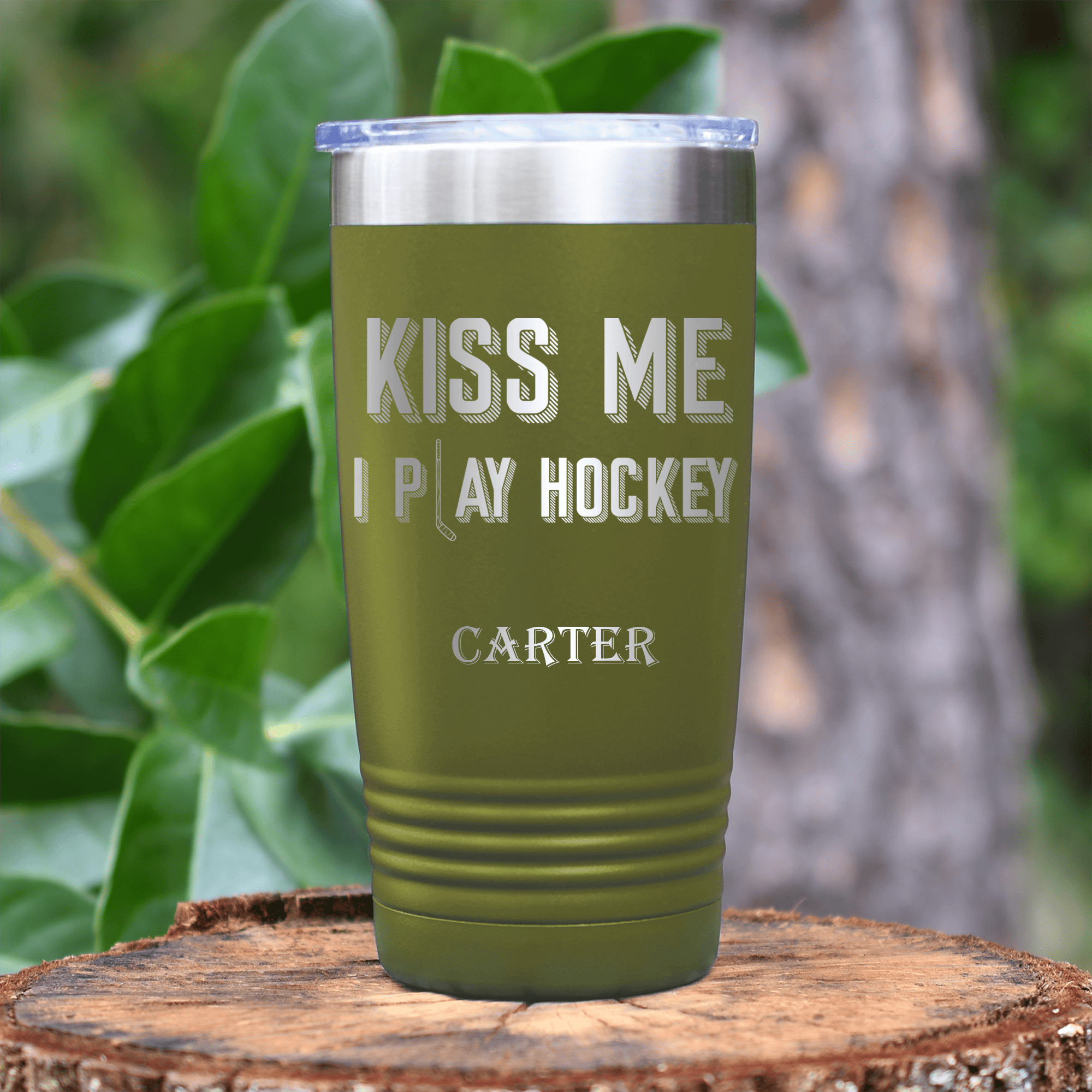 Military Green Hockey Tumbler With Lips And Lifts Design