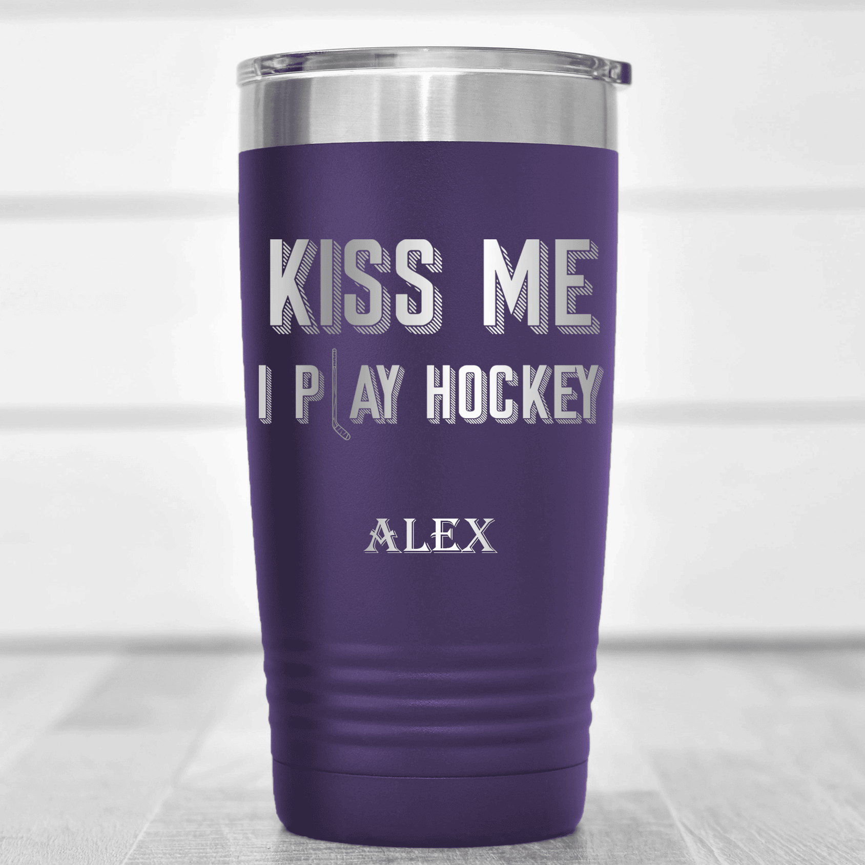 Purple Hockey Tumbler With Lips And Lifts Design