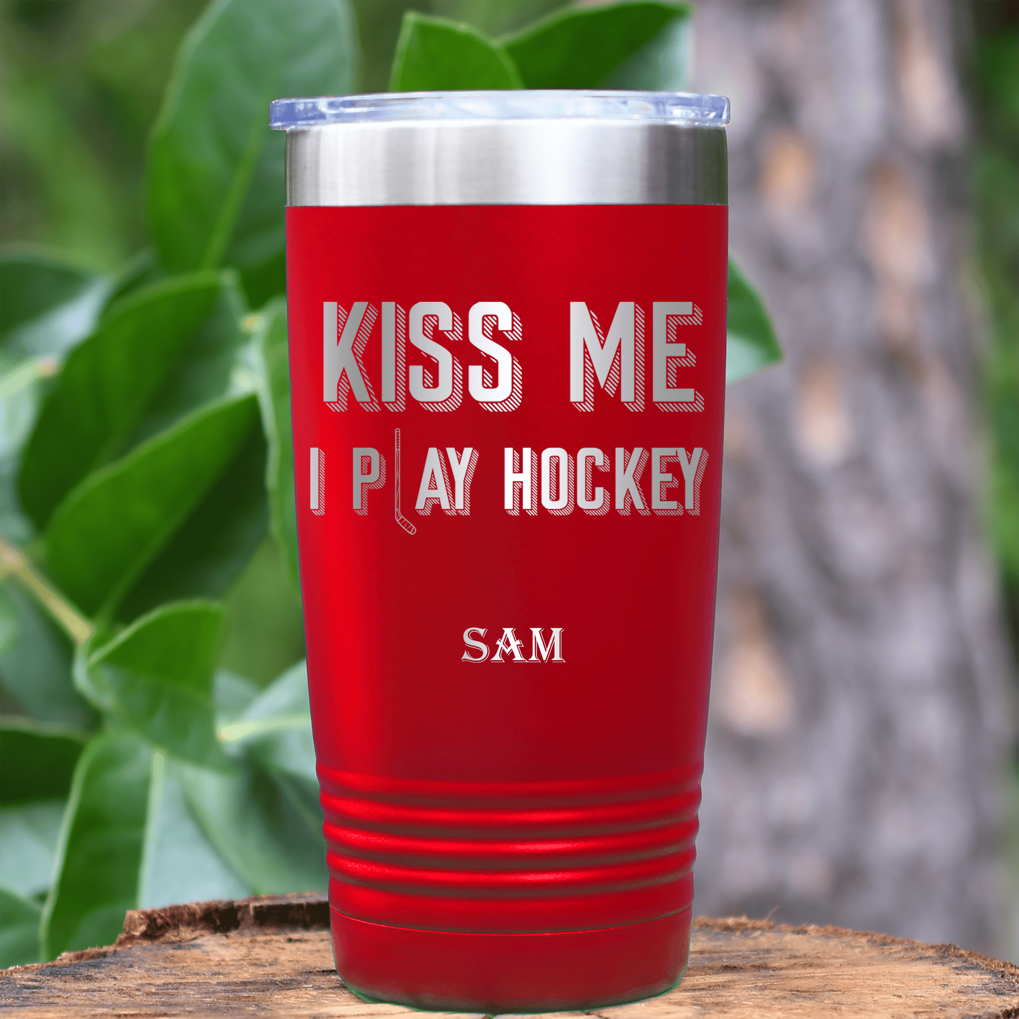 Red Hockey Tumbler With Lips And Lifts Design