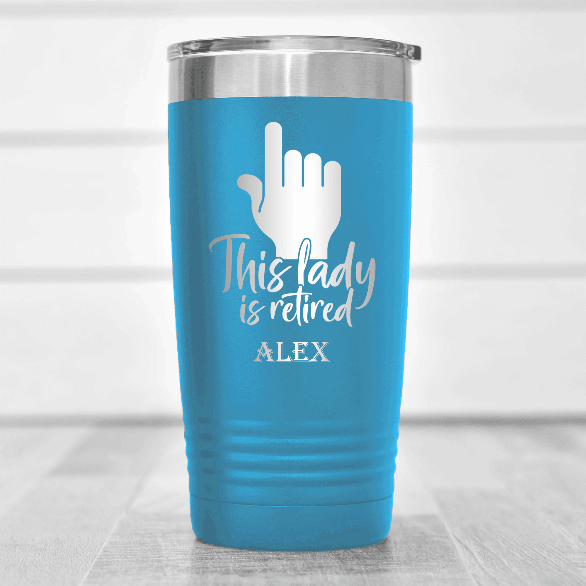 Light Blue Retirement Tumbler With One Retired Lady Design