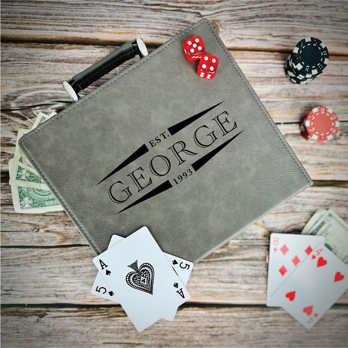 Premium personalized poker chip set with custom engraved case