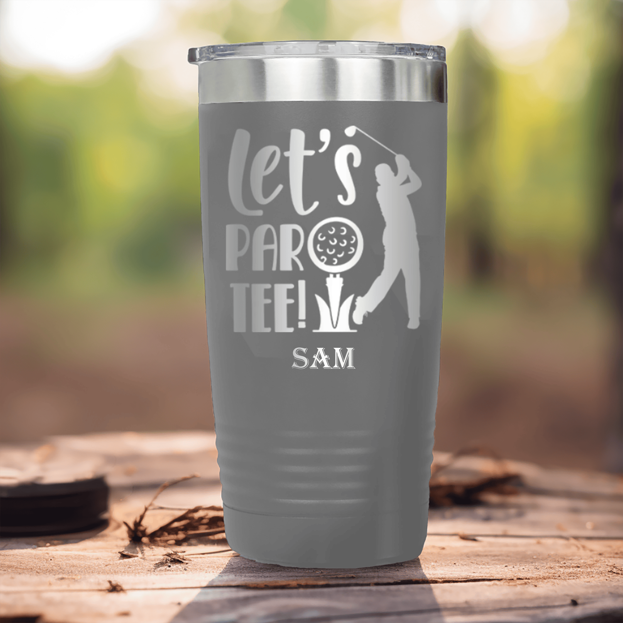 Grey Golf Tumbler With Par Tee Time Design