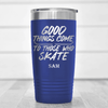 Blue Hockey Tumbler With Patience And Speed On Skates Design