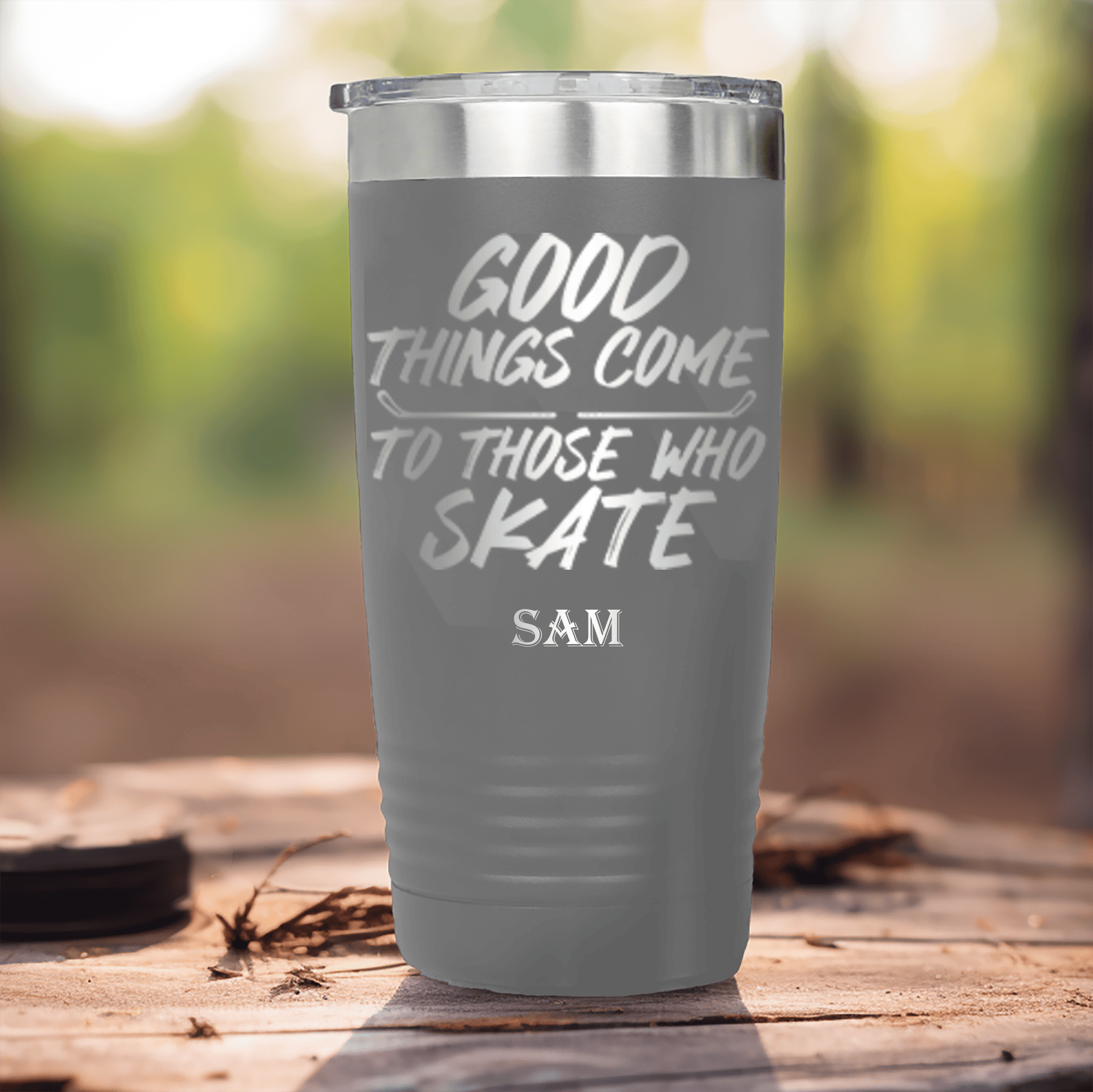 Grey Hockey Tumbler With Patience And Speed On Skates Design