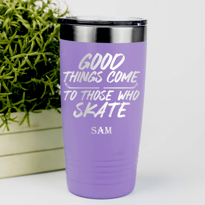 Light Purple Hockey Tumbler With Patience And Speed On Skates Design