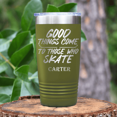 Military Green Hockey Tumbler With Patience And Speed On Skates Design