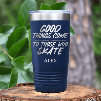 Navy Hockey Tumbler With Patience And Speed On Skates Design