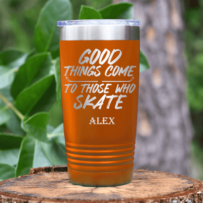 Orange Hockey Tumbler With Patience And Speed On Skates Design