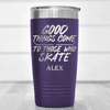 Purple Hockey Tumbler With Patience And Speed On Skates Design