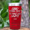 Red Hockey Tumbler With Patience And Speed On Skates Design
