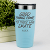 Teal Hockey Tumbler With Patience And Speed On Skates Design