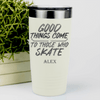 White Hockey Tumbler With Patience And Speed On Skates Design