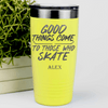 Yellow Hockey Tumbler With Patience And Speed On Skates Design