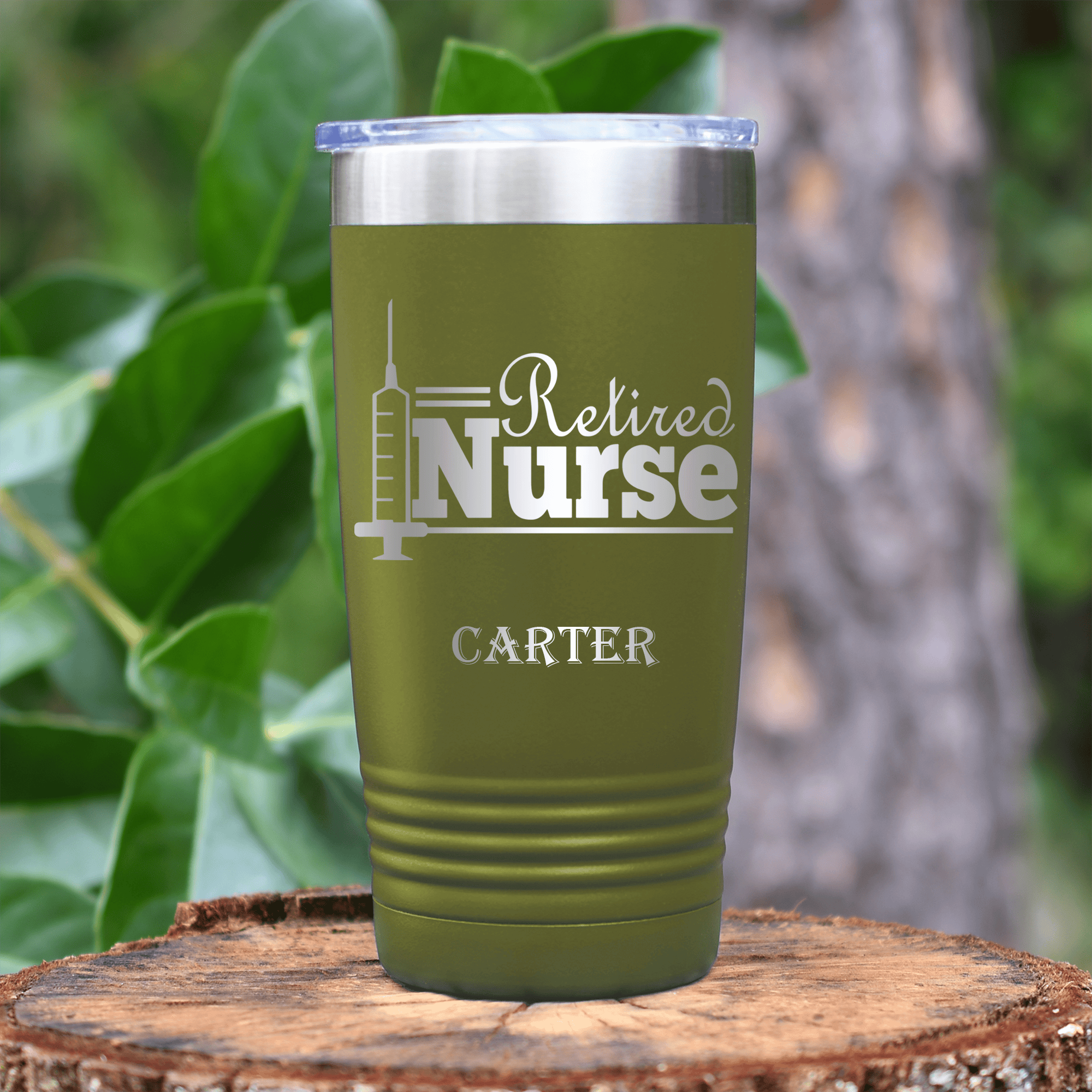 Military Green Retirement Tumbler With Retired Nurse Design