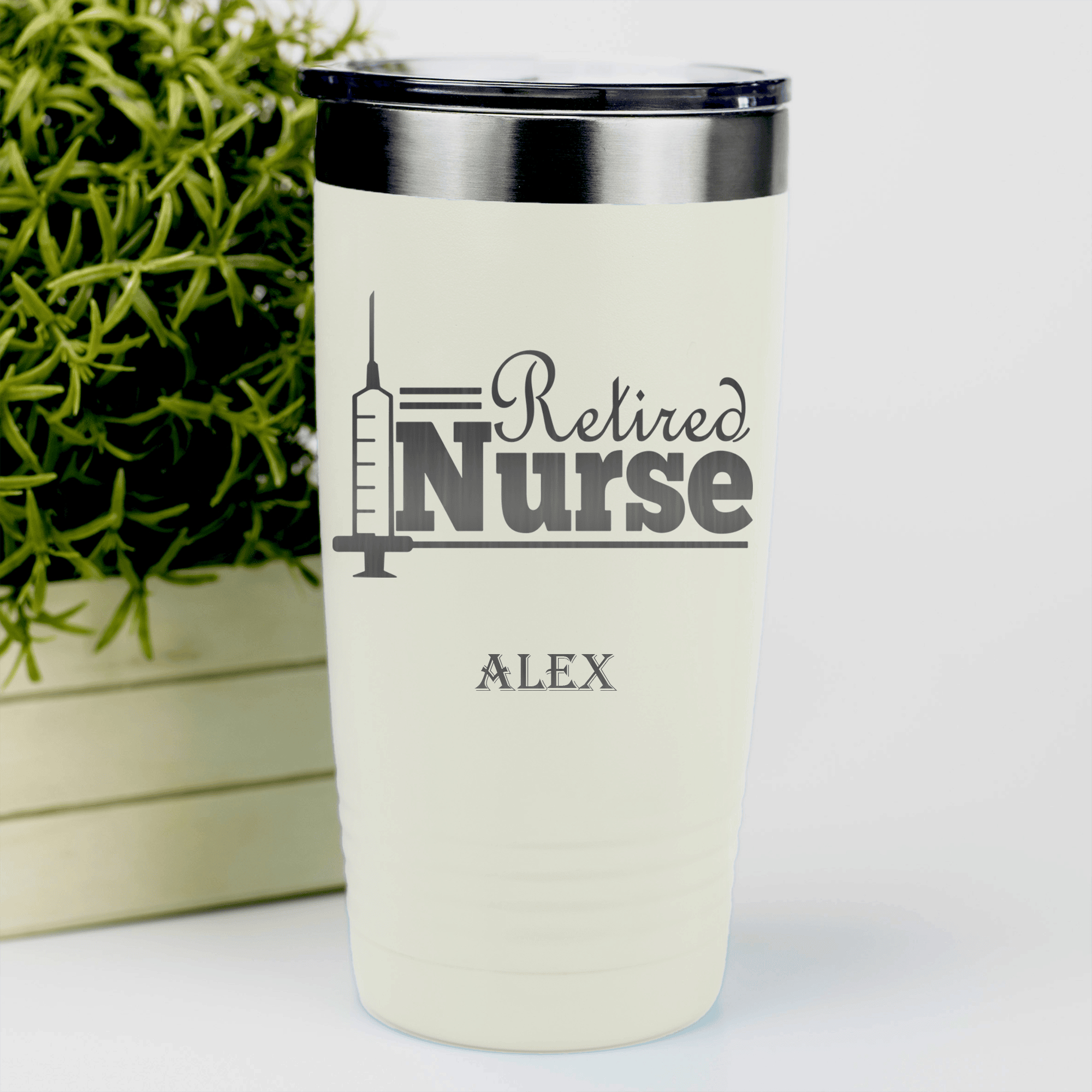 White Retirement Tumbler With Retired Nurse Design