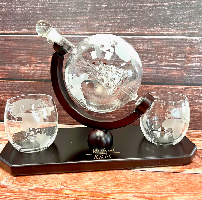 Engraved Globe Decanter & Whiskey Glasses