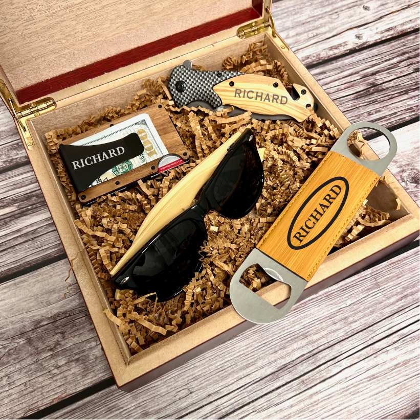 Modern Man Gift Box Set with personalized wooden box, engraved wallet, pocket knife, stylish sunglasses, and bottle opener