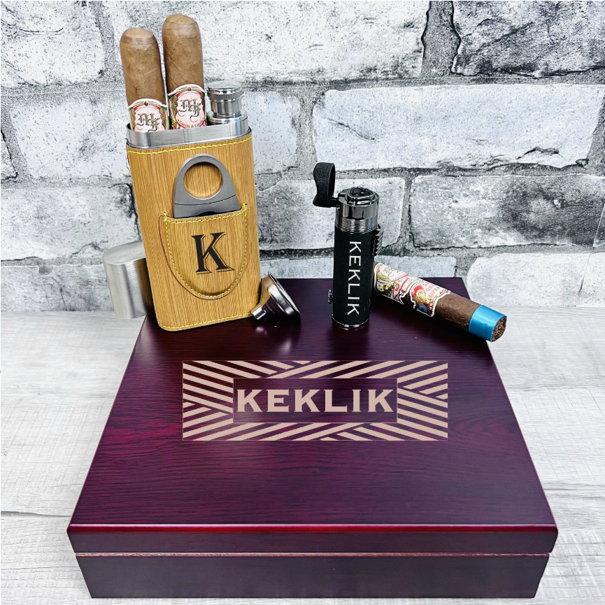 Personalized cigar gift set with travel case, flask, lighter, and cutter