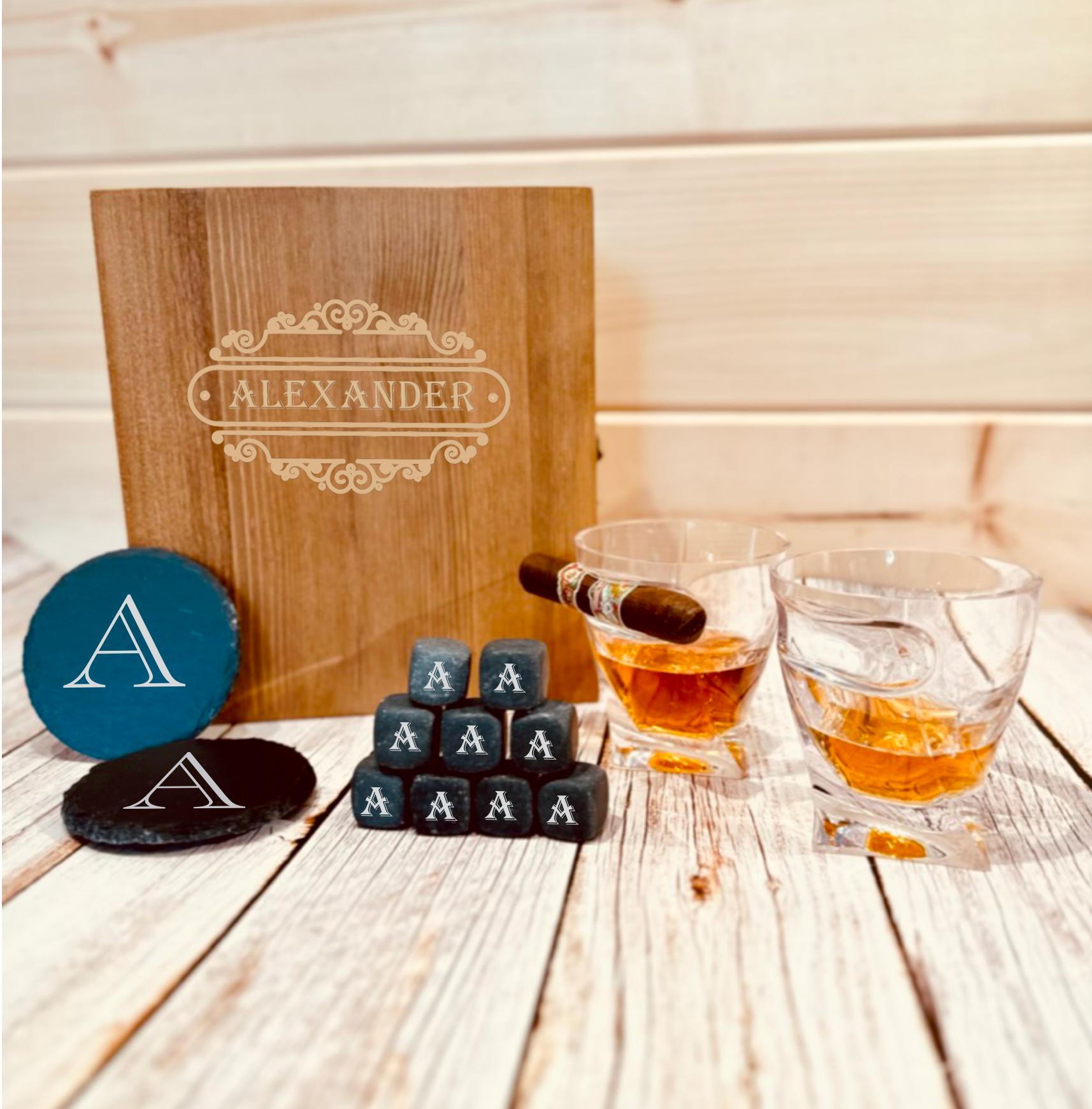 Whiskey Glass, Stones, and Coasters Personalized Gift Box Set
