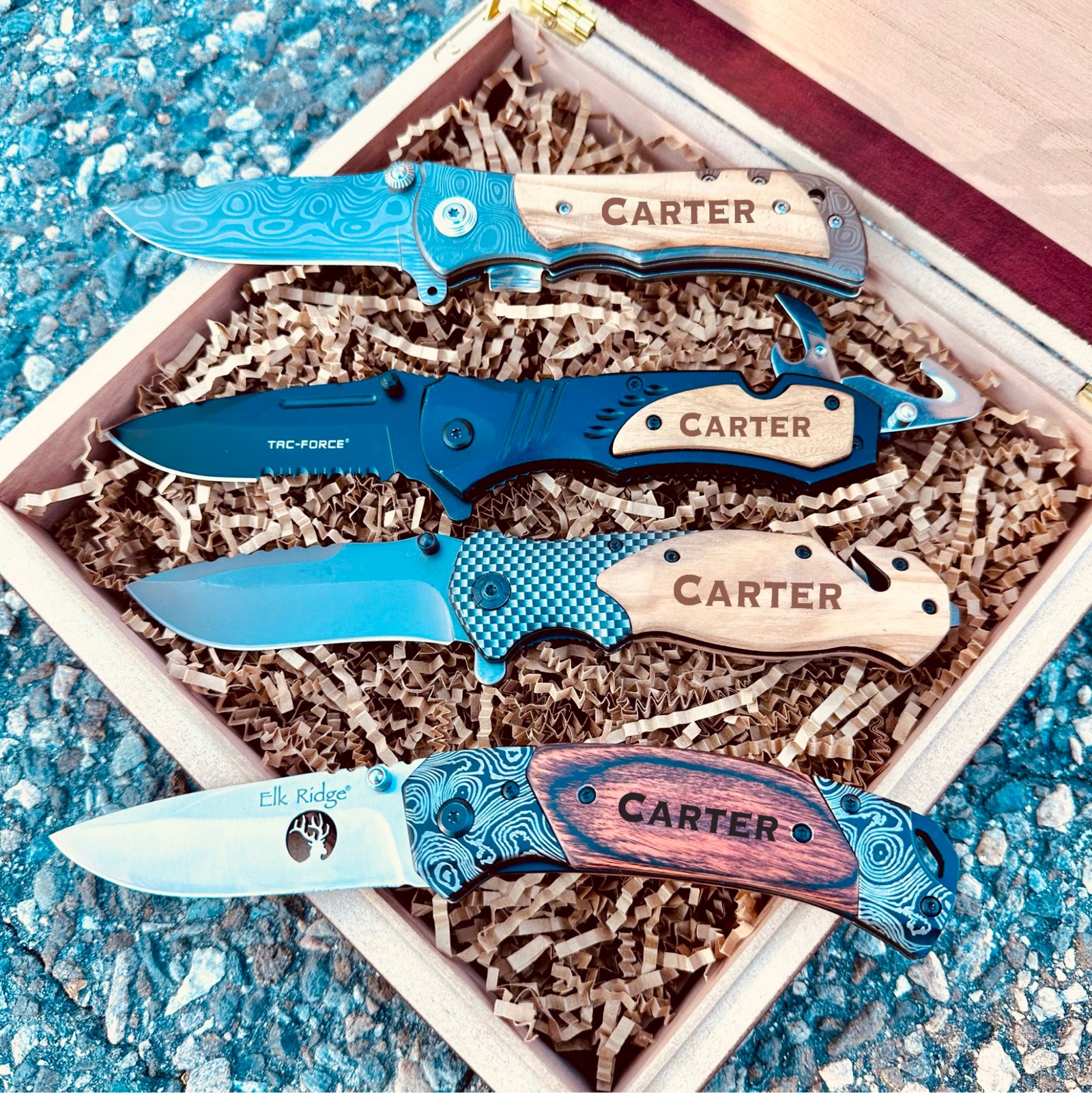 Personalized Pocket Knife Gift Set for Men Knife Lovers Personalized Gift Box Set with four custom knives in a wooden box.