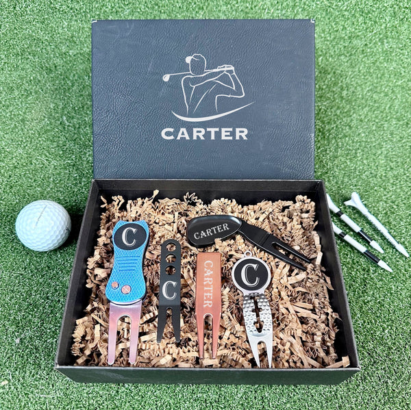 Golf Gift Set Personalized Towel, Divot Tool, Ball Marker, and Tumbler -  Groovy Guy Gifts