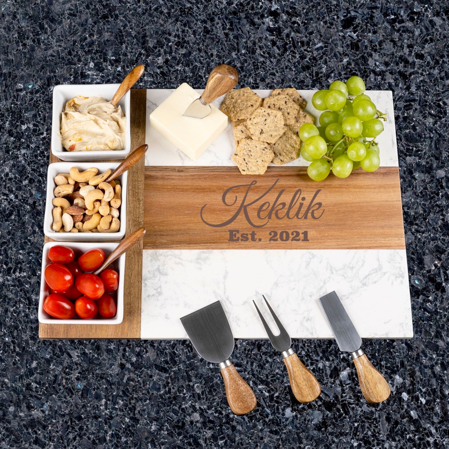 Personalized marble and wood charcuterie board with custom engraving