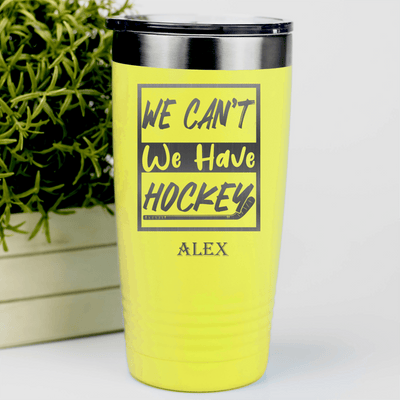 Yellow Hockey Tumbler With Skate First Celebrate Later Design