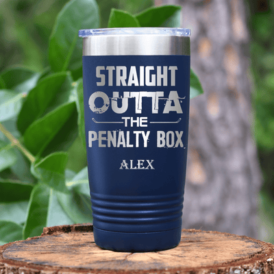 Navy Hockey Tumbler With Straight Out The Penalty Box Design