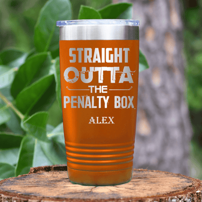 Orange Hockey Tumbler With Straight Out The Penalty Box Design