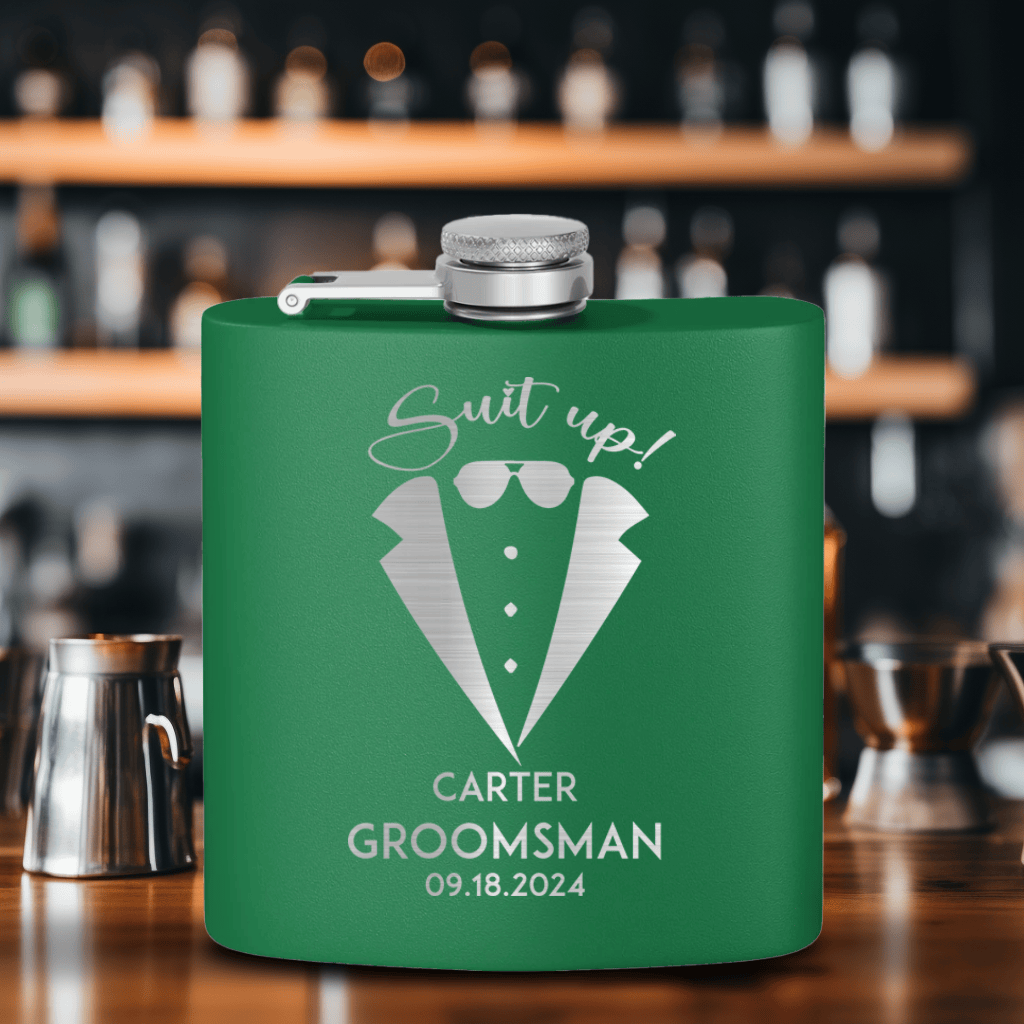 Green Groomsman Flask With Suit Up Boys Design