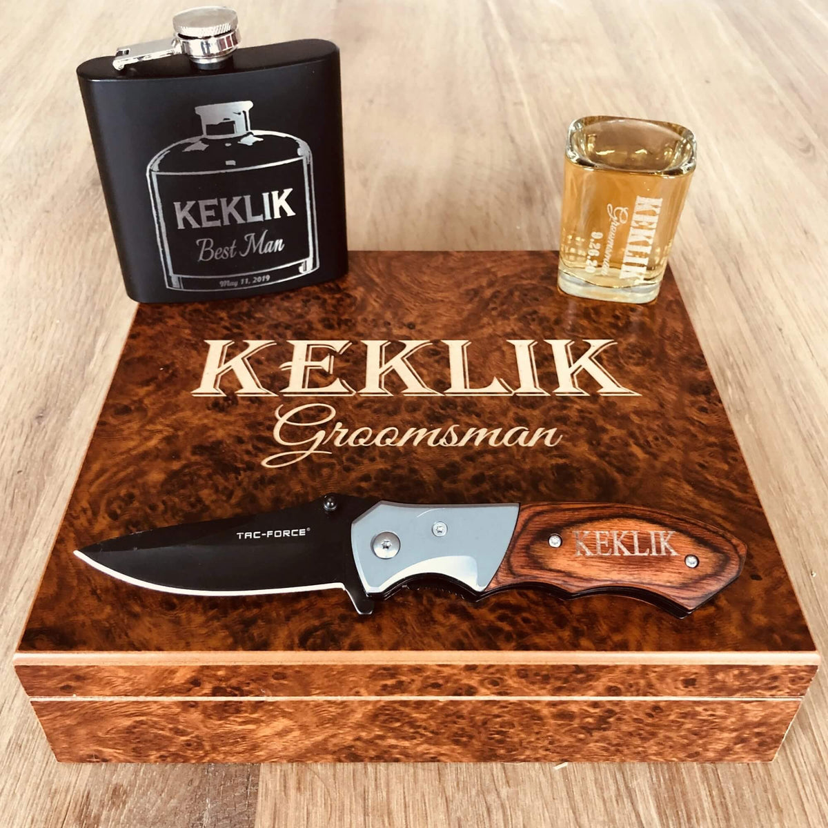 Personalized Groomsmen Gift Set with Flask, Knife, and Shot Glass