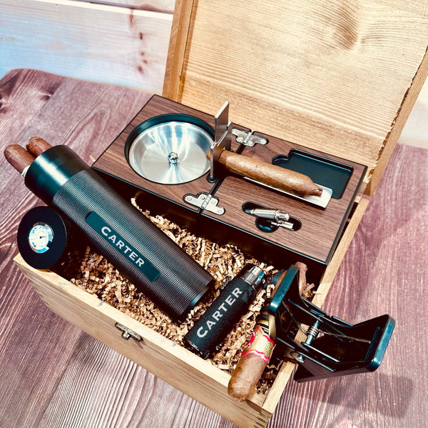 Custom Humidor Set with Cutter and Cigar Stand - Groovy Guy Gifts