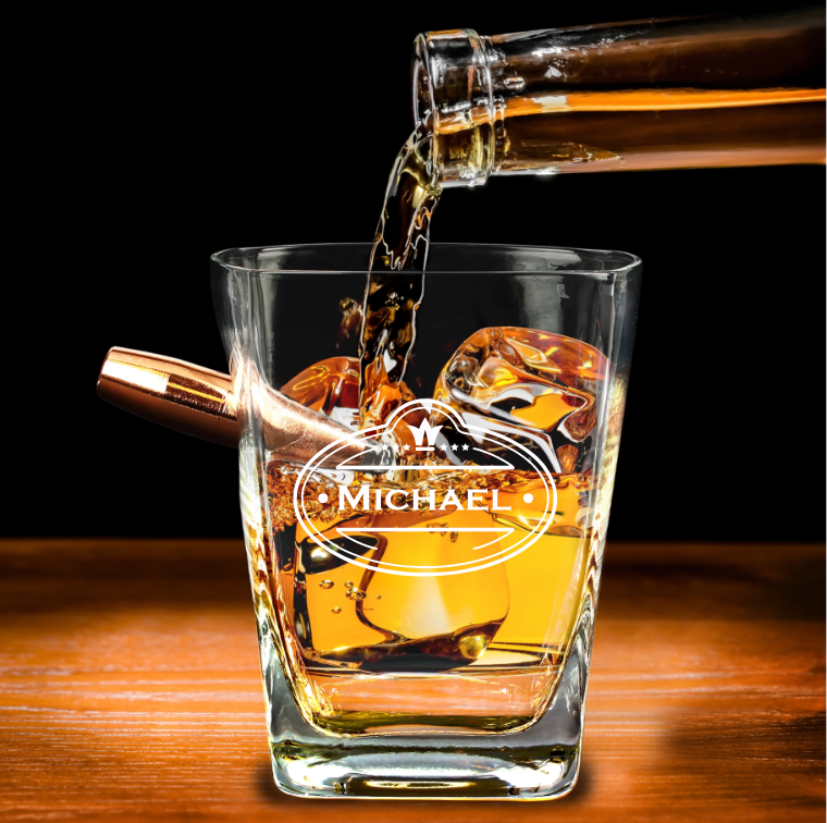 Personalized Bullet Whiskey Glass with embedded faux .50 caliber bullet