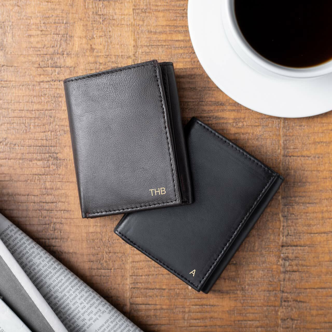 Men's Black Leather Tri-Fold Personalized Wallet