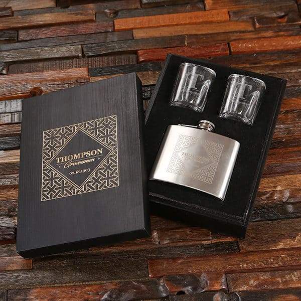 Personalized Black Box with Flask and Shot Glasses 