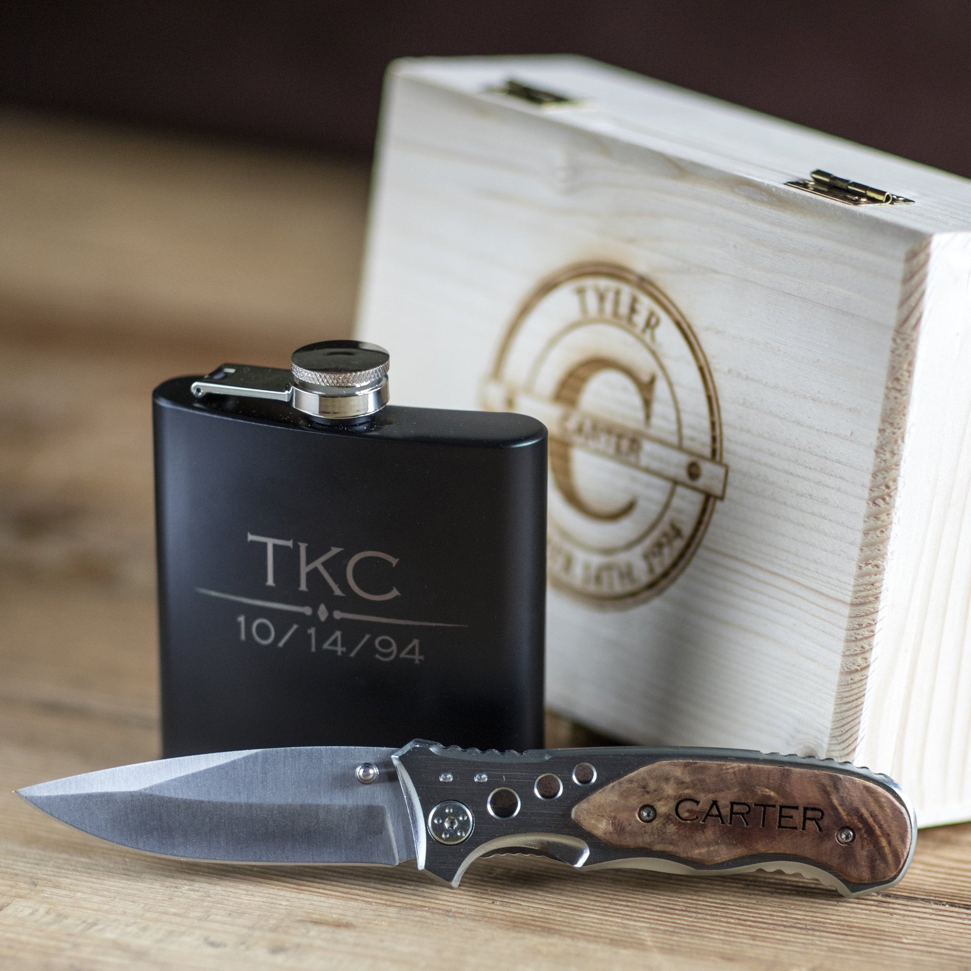 The Mustang Personalized Flask Knife Groomsmen Gift Set Rawhide