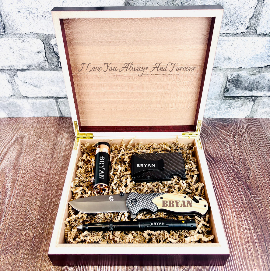 Wallet Knife Gift Set, Gift Set for Men, Boyfriend, Birthday Gift Set,  Personalized Gift Set, Engraved Wallet, Personalized Folding Knives 
