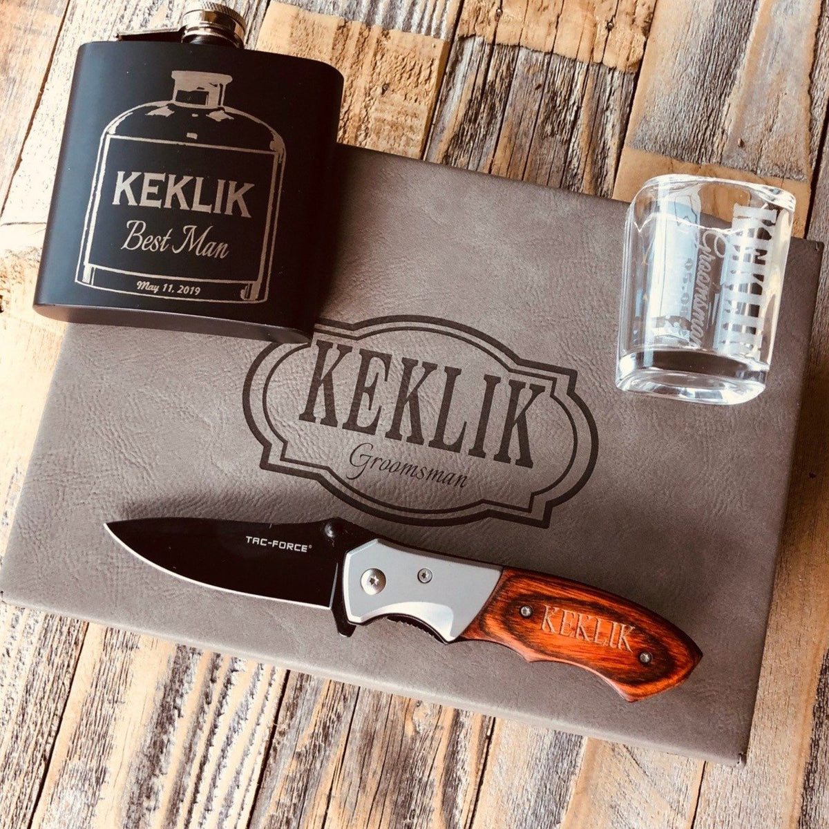 Unique Groomsman Thank You Set: Customized Flask, Knife &amp; Shot Glass - Memorable and Bold Gift Choice