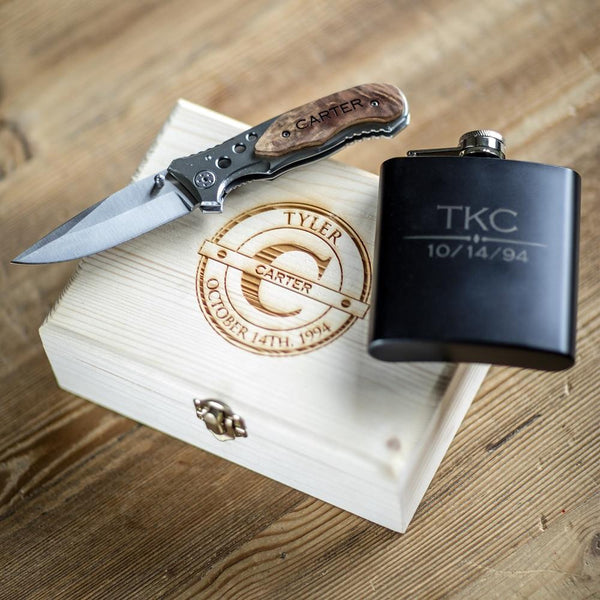 The Mustang Personalized Flask Knife Groomsmen Gift Set Rawhide