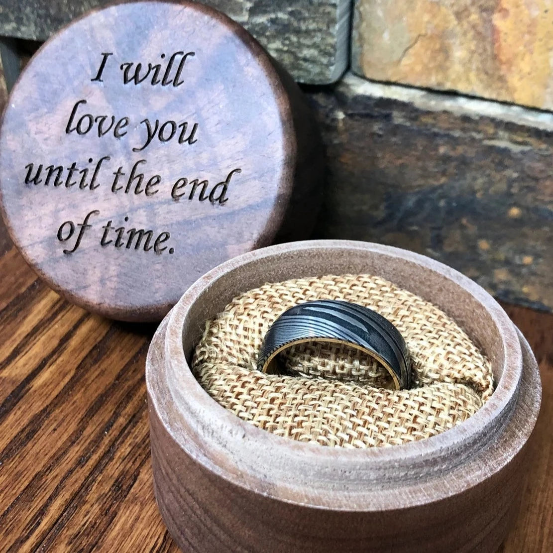 Damascus Steel and Barrel Wood Ring