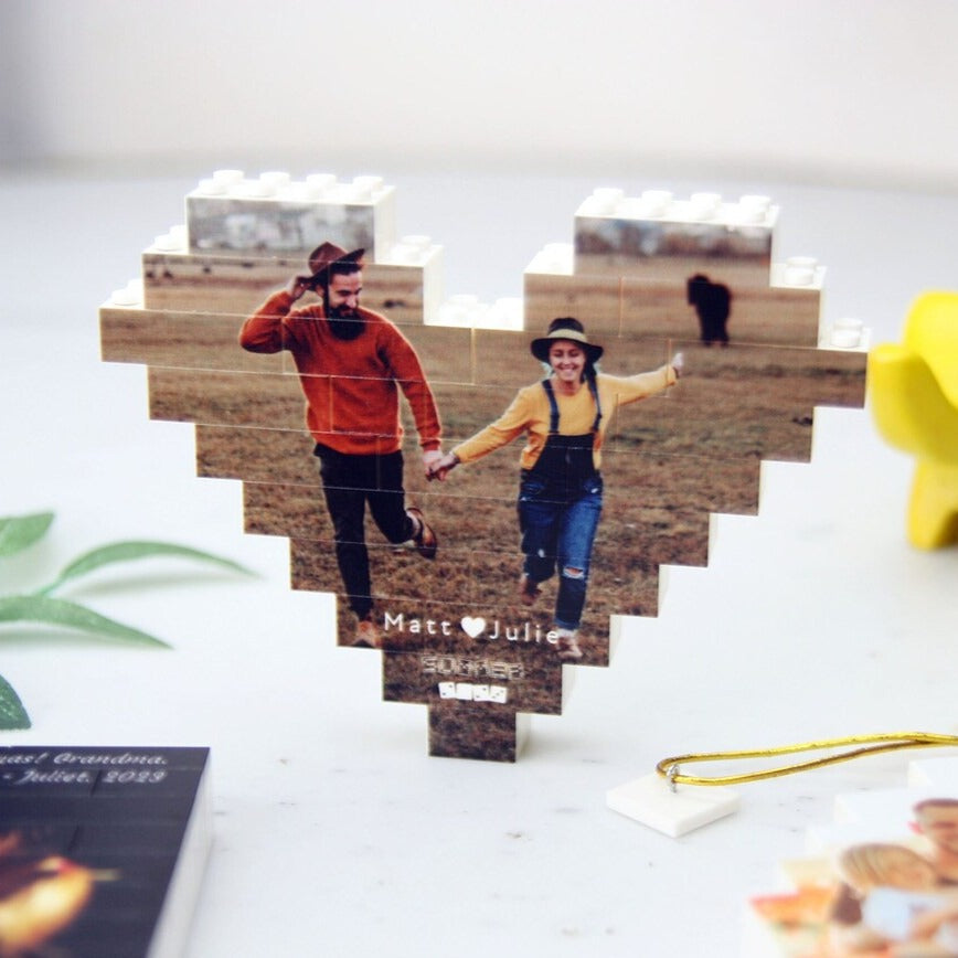 Built In Love Ornament featuring a custom photo and text, made of functional LEGO-style bricks