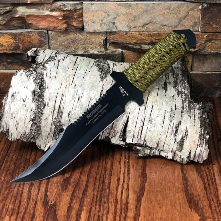 Custom Paracord Knife with Engraved Blade for Hunting or Survival