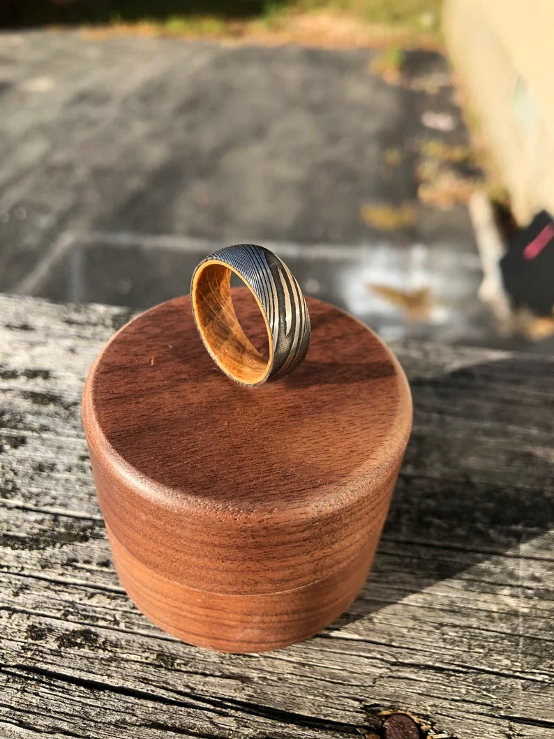 Damascus Steel and Barrel Wood Ring