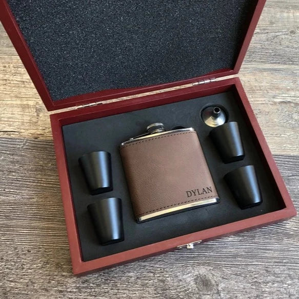 Leather Flask Gift Set