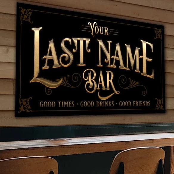 Custom Bar Sign with Last Name in Metal or Canvas for Home Bar or Man Cave