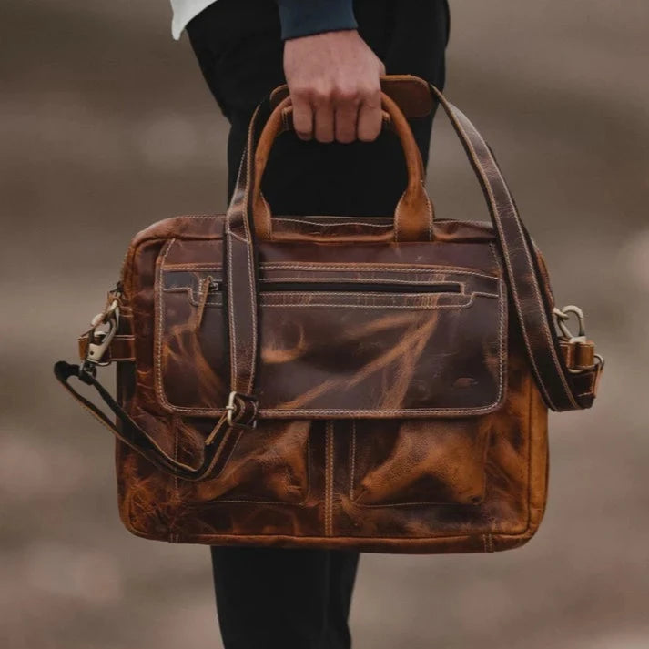 Men's Soft Matte Zip Rectangular Grained Leather Reporter Bag